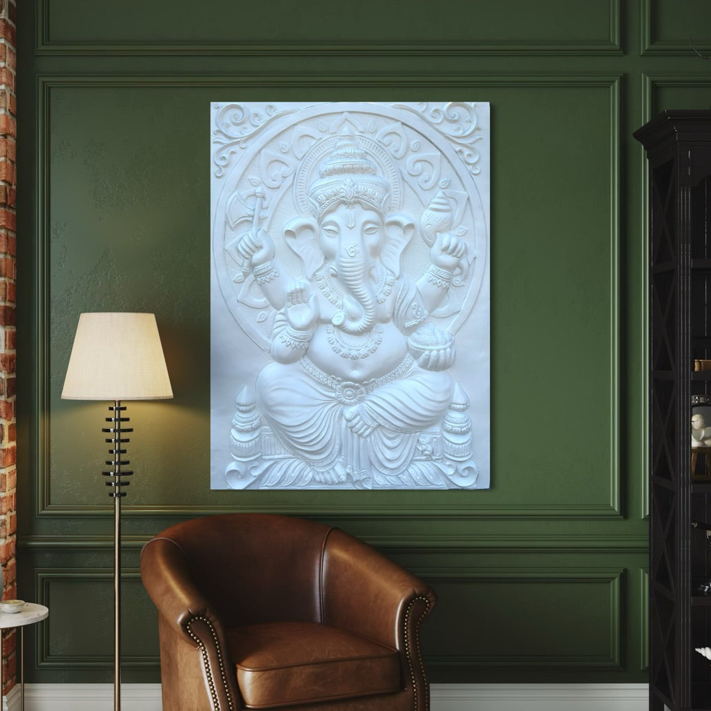 white unframed Ganesha 3D Relief Mural (4x3 ft), adding a divine aura and exquisite artistry.