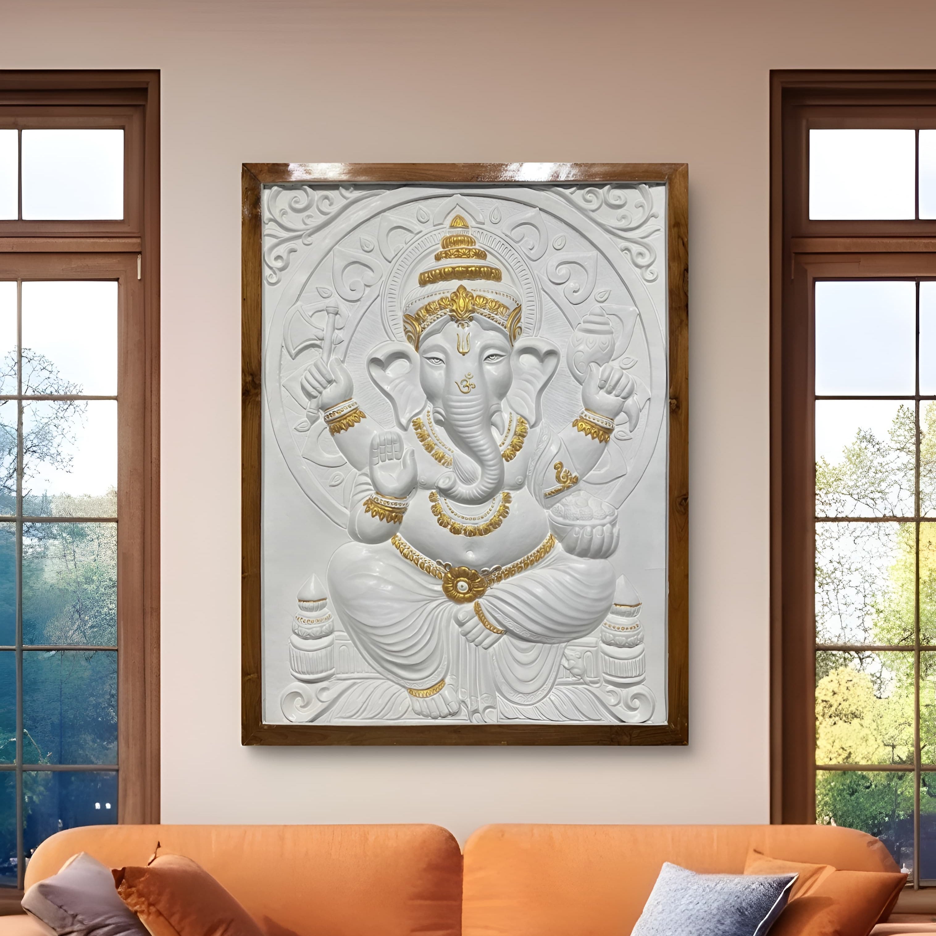 White framed Ganesha relief mural, perfect for modern and elegant interior decor.