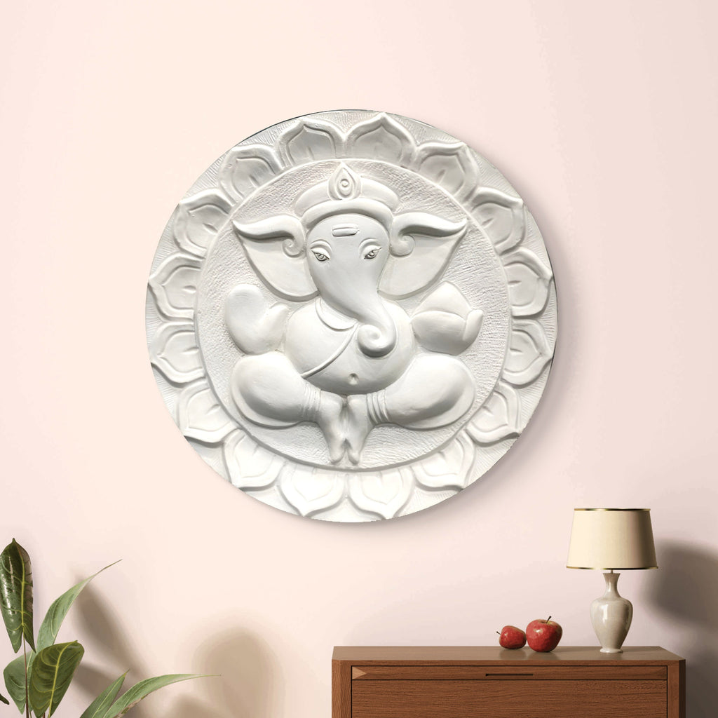 white ganesha round 3d relief wall mural 21x21 inch handcrafted wall sculpture for modern decor