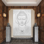 White 7x5 ft Tranquil Buddha Relief Mural, ready-to-hang centerpiece for spiritual serenity.