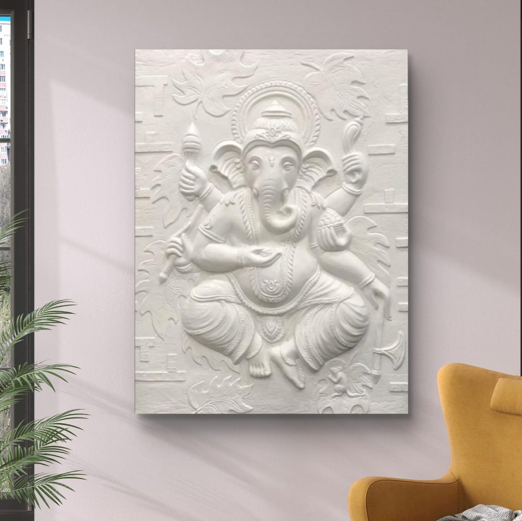 Close-up of the white unframed Dancing Ganesha relief, showcasing intricate detailing and movement.