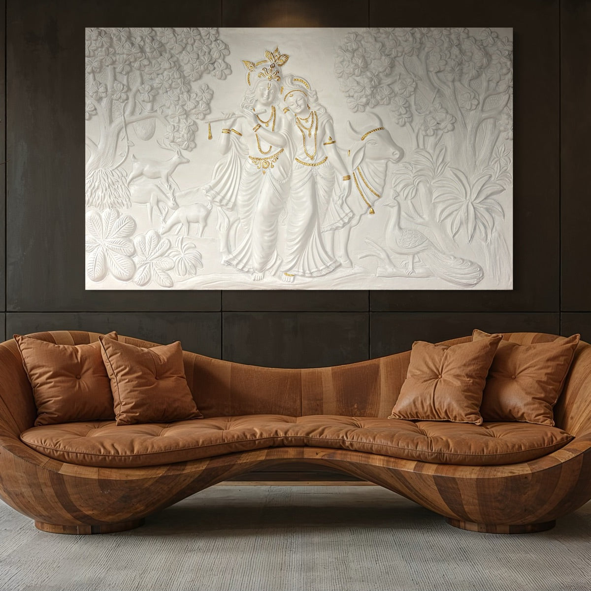 Close-up of the white unframed Radha Krishna mural, showcasing intricate sculpted detailing with Golden highlights.